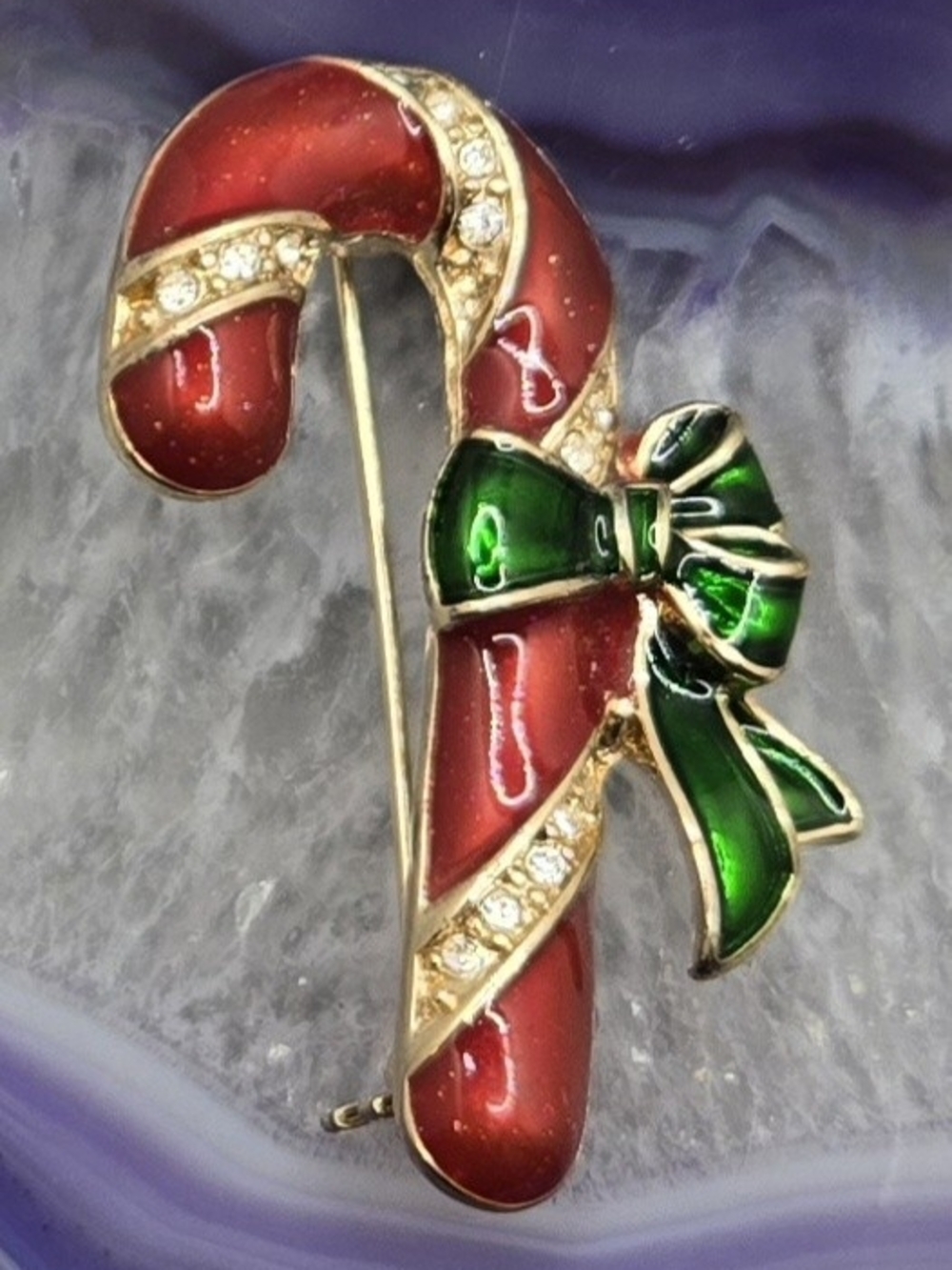 Avon NRT Candy Cane Brooch Enameled w/ Bow & Faceted Glass Crystals